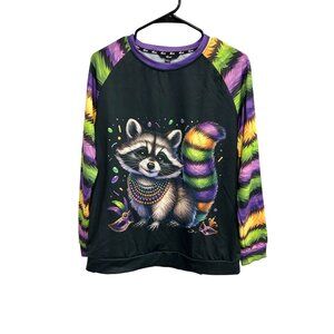 Shall We Raccoon Graphic Pullover Sweatshirt Black Multi Sz Large Crewneck Cozy